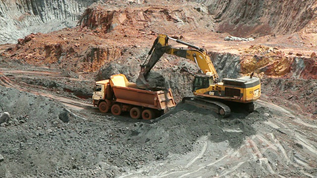 MS拍摄的挖掘机和卡车装载沙在矿山景观/贝洛奥里藏特，米纳斯吉拉斯州，巴西视频素材