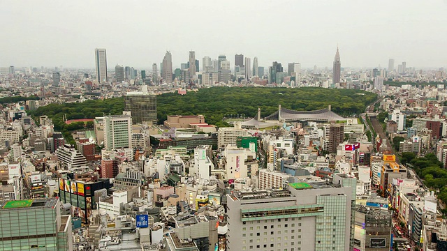 日本东京，涉谷地区与代代木公园和新宿地区从白天到夜晚的过渡视图视频素材