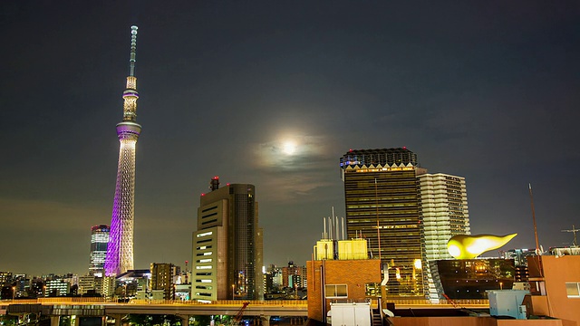 东京天空树通讯塔附近月亮升起的夜景/东京，日本视频素材