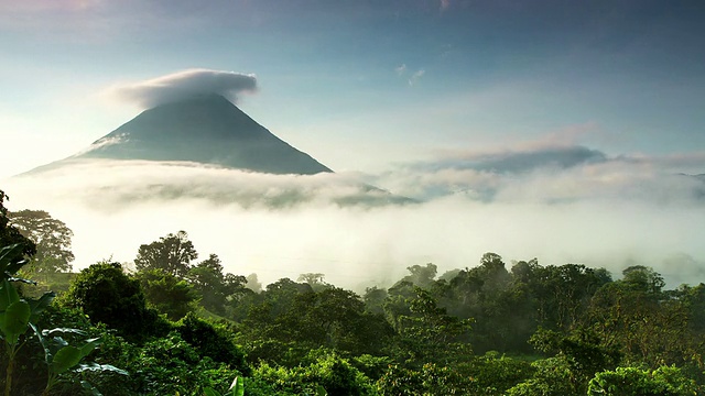 哥斯达黎加阿拉胡埃拉，拉福图纳，晨雾中阿雷纳火山和丛林的景象视频下载