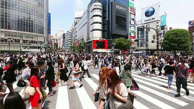 这是在日本东京涩谷十字路口拍摄的行人和汽车视频素材