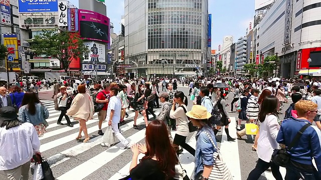 这是在日本东京涩谷十字路口拍摄的行人和汽车视频素材