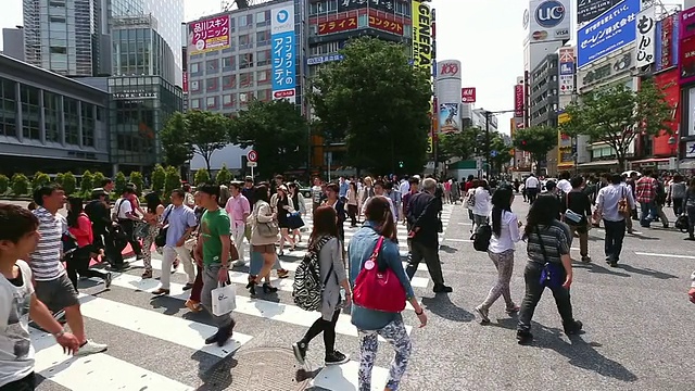 MS PAN T/L摄于日本东京涩谷十字路口的行人和汽车视频素材
