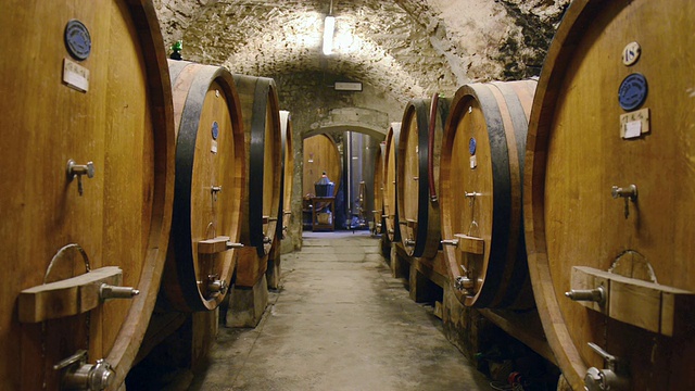 MS拍摄于意大利托斯卡纳基安蒂的酒窖/城堡里的酒桶视频素材