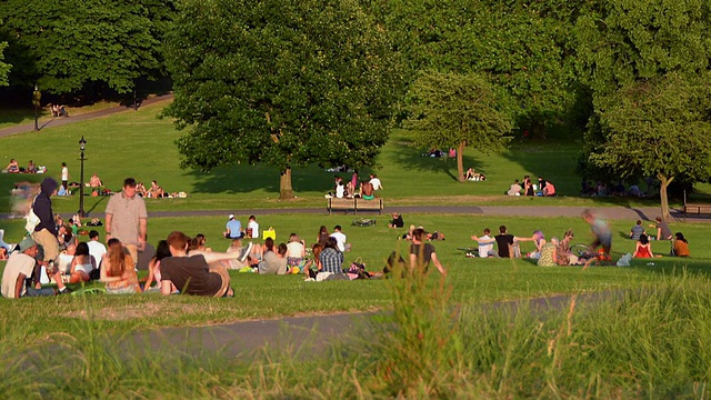 在樱草山/伦敦，大伦敦，英国，人们在草地上放松和移动的路径视频素材