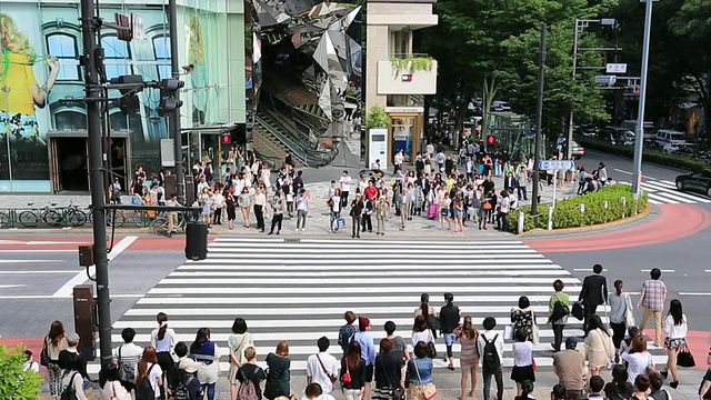 许多人在表参道穿过马路，车辆在街道上行驶，东京，涩谷视频素材