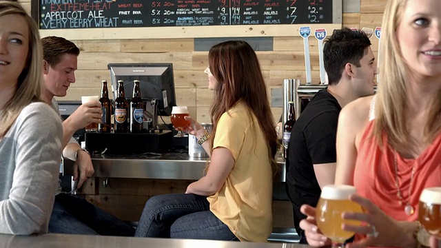 MS TD的大黑板上有啤酒当日的菜单，在微型啤酒厂的品酒室里，调酒师在水龙头上工作，年轻的夫妇在举杯畅饮/美国加州千棕榈视频下载