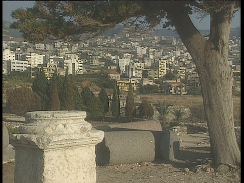 山坡上的建筑物由树和破碎的柱子构成黎巴嫩视频素材