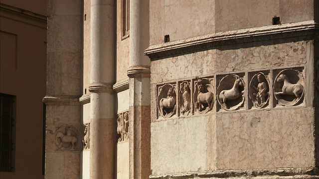 帕尔马大教堂的侧壁上雕刻着马。高清。视频素材