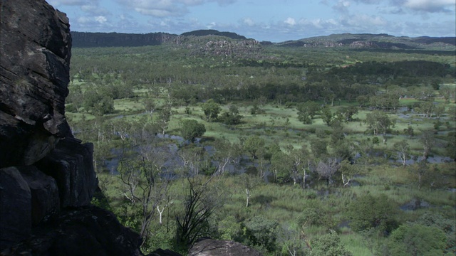 在澳大利亚的Oenpelli，一幅长满树木的沼泽景观从岩石悬崖延伸出来。视频下载
