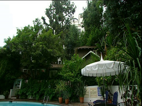 潘在游泳池对面隐藏在树后面的夏特蒙特酒店洛杉矶日落大道视频素材