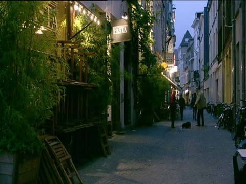 人们在鹅卵石铺成的小巷里遛狗，经过商店、房子和安特卫普意大利面餐厅视频素材