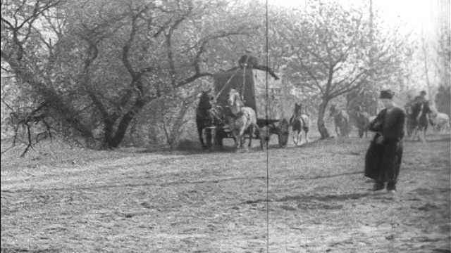 1925年，一个男人(哈里·兰登)走在路上，一边擦手、一边擦马车、一边擦马视频素材