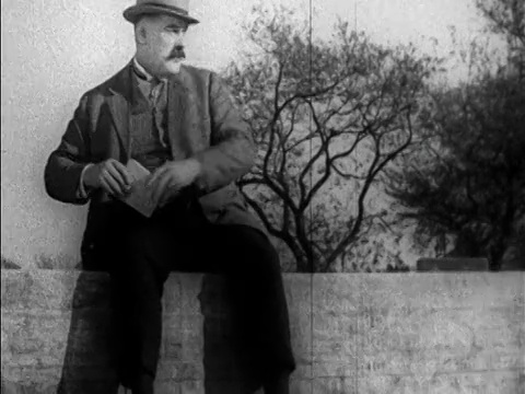 1925年，戴着帽子留着胡子的壮汉坐在马车上+停车的司机/特征视频素材
