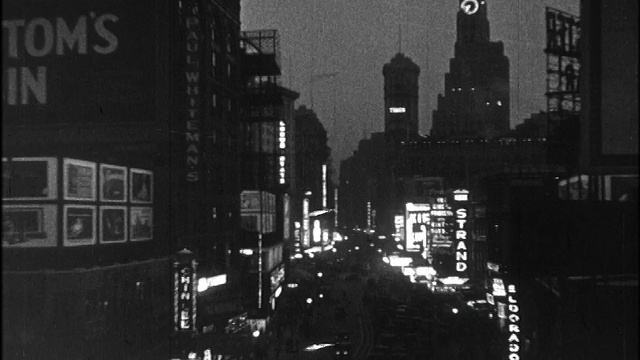 B/W 1920年代高角度百老汇，夜间有灯/纽约市视频下载