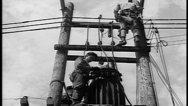 黑白1944低角两名修理工在电话线上工作pole /纪录片视频素材