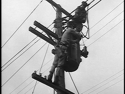 黑白1944低角两名修理工在电话线杆上工作/纪录片视频素材