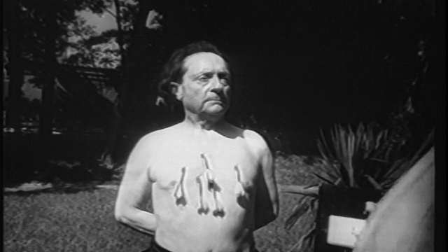 1951年，一名男子将飞镖扔进赤裸上身的男子的胸膛视频下载
