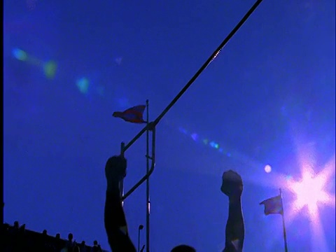 慢动作低角度的男子撑杆跳剪影，太阳+蓝天为背景/举起手臂胜利视频素材