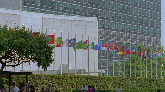 在联合国大楼/纽约前，国际旗帜随风飘扬视频购买