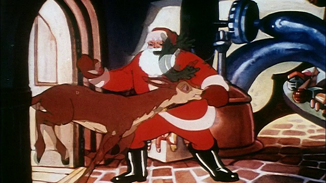 动画圣诞老人数着驯鹿跑过大门/声音视频素材