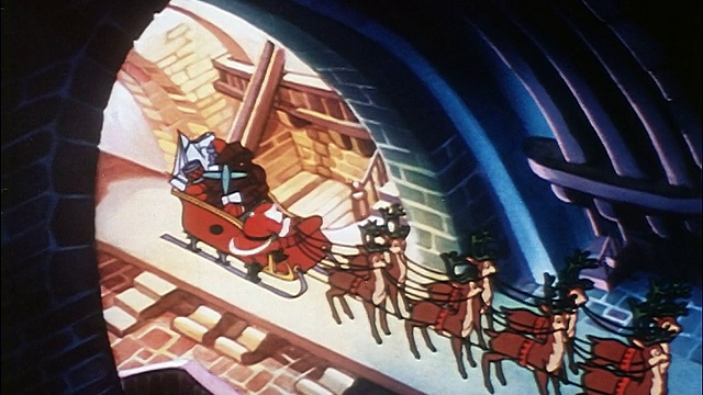 动画高角度圣诞老人跳进雪橇+驯鹿开始起飞/声音视频素材