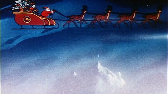 动画圣诞老人驾着雪橇和驯鹿在空中飞过/红鼻子驯鹿鲁道夫/声音视频素材