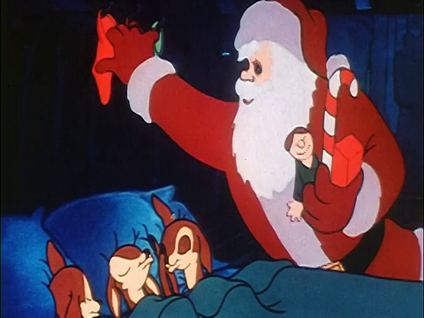 动画圣诞老人把驯鹿宝宝塞进床里+在他们的袜子里留下礼物/声音视频素材