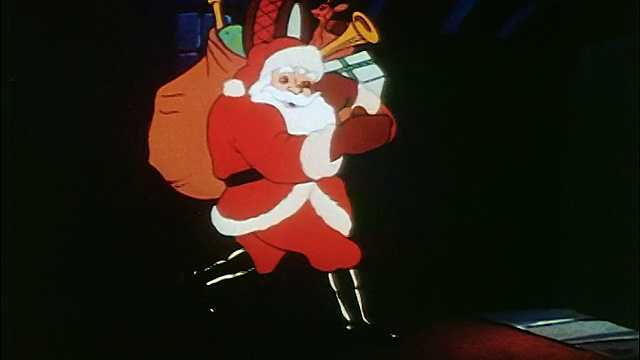 动画圣诞老人背着礼物袋+踮着脚尖在黑暗的房子/声音视频素材