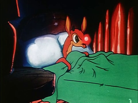 动画红鼻子驯鹿鲁道夫睡在床上，圣诞老人的胳膊拧他的鼻子/声音视频素材