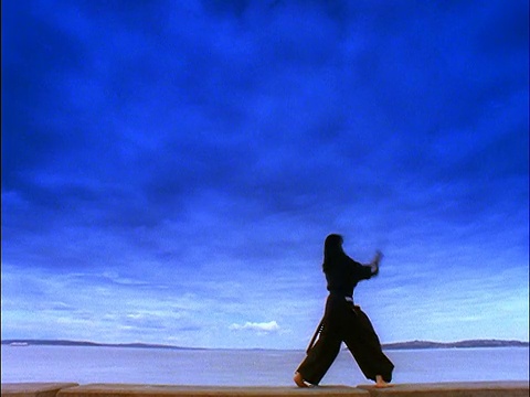 身穿黑色武士服的蓝女人在海边用剑视频下载