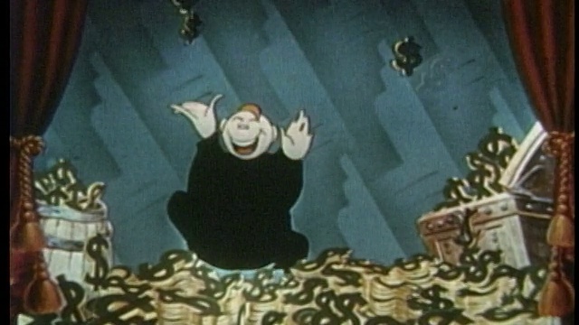 1941年，动画缩小了当美元符号下降时快乐跳跃的人视频素材