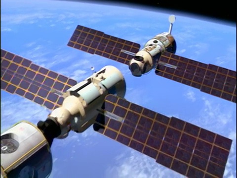 计算机动画国际空间站模块在太空/地球上组装的背景视频素材