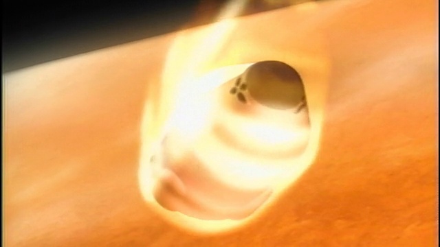 电脑动画近距离拍摄覆盖着火焰的太空舱向火星降落视频素材