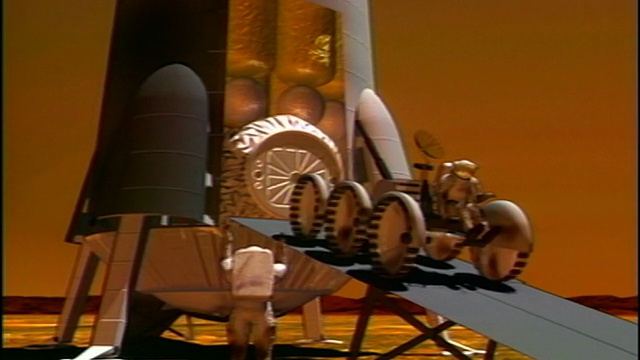 电脑动画宇航员从着陆器驱动火星漫游者，其他宇航员指导它视频素材