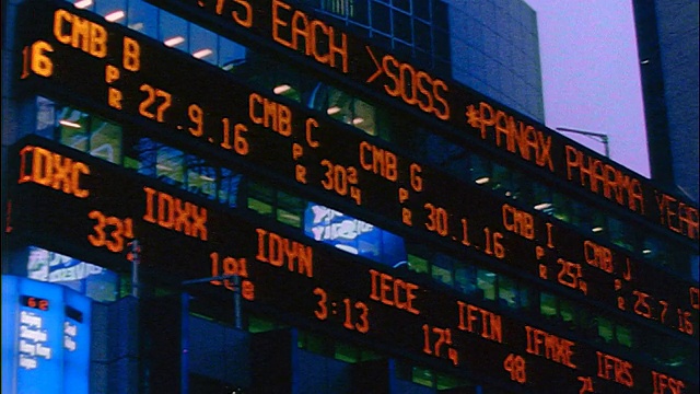 纽约时代广场旁股票报价板上的低角度股票价格视频素材