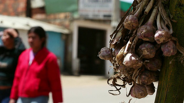 哥伦比亚波哥大，出售的大蒜头和路过的行人视频下载
