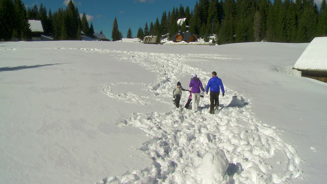 HD CRANE:在雪中行走的家庭视频素材