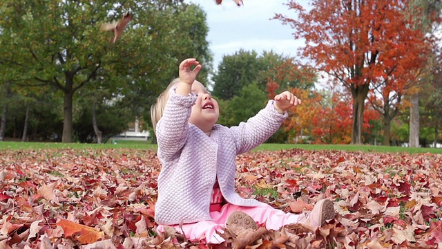 落叶落在小女孩身上视频素材