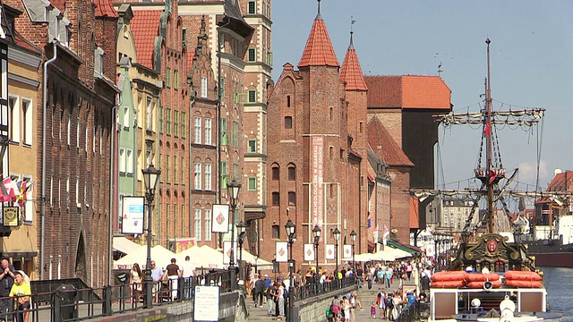 波兰波罗的海沿岸的格但斯克港口，莫特拉瓦河上的老城，有客船和行人视频素材