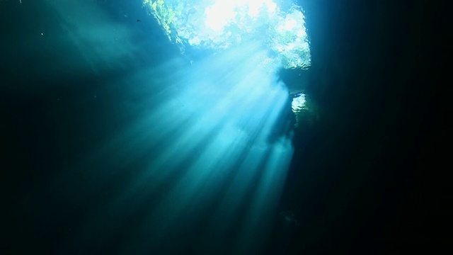 “阳光照耀下的水下洞穴，蓝色和绿色的光，墨西哥湾”视频下载