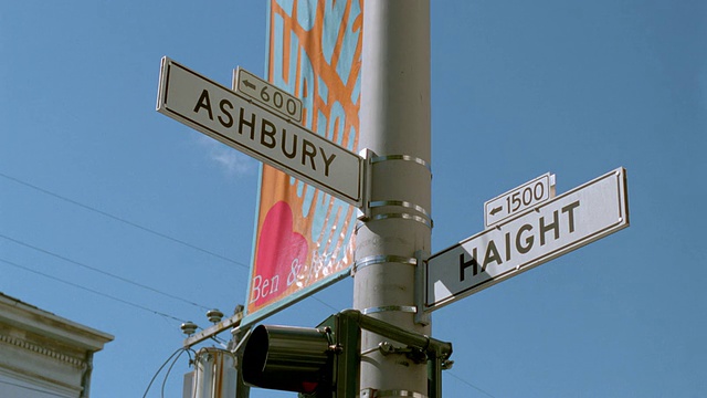 “HAIGHT”+“ASHBURY”交叉口的低角度关闭街道标志/旧金山，加利福尼亚州视频下载