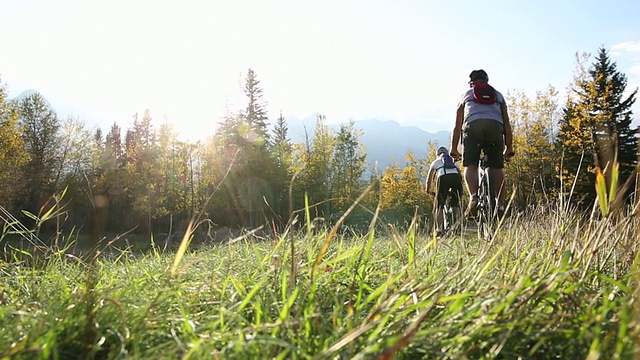 在秋天，骑山地自行车的夫妇下山，草岭，山视频素材