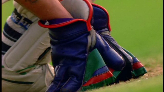 近距离倾斜，中年板球运动员/守门员跪在草地上/英格兰视频下载