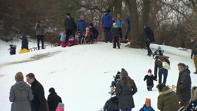英国人加滕和他的孩子坐在雪橇上，其他许多人都在下雪视频素材