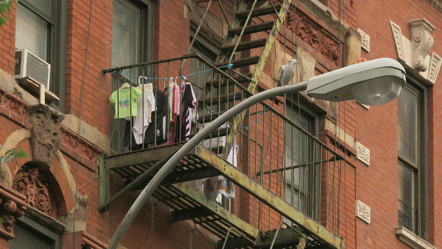 美国纽约，CU鸽子坐在华丽的砖砌公寓楼前的路灯上，衣服在消防逃生通道上晾干视频素材