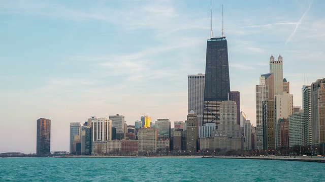 高清延时:黄昏时美国密歇根湖畔的芝加哥天际线视频素材