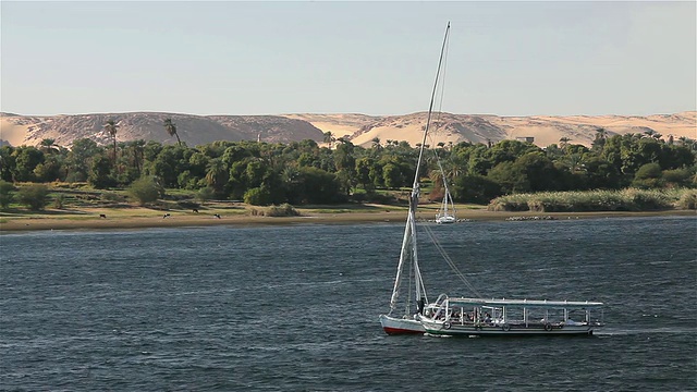 小帆船在尼罗河上拖着一艘客船视频下载