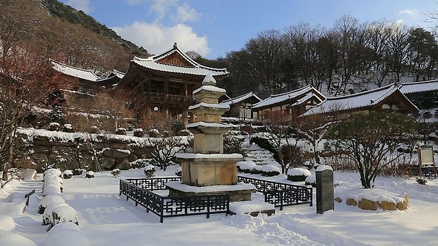 三祥石塔(石塔)和安阳女亭的雪景在Buseoksa寺视频下载