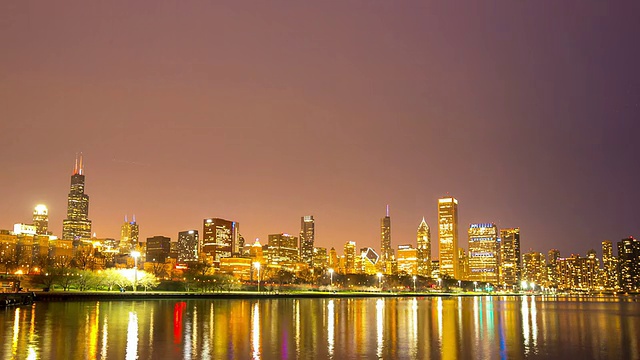 高清白天到夜晚延时:芝加哥天际线城市景观密歇根湖视频素材